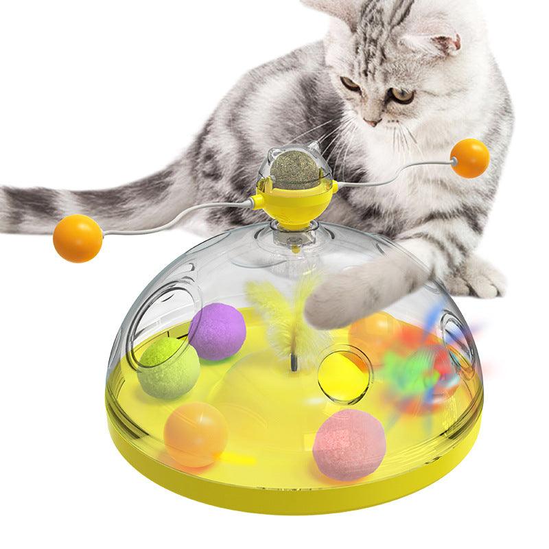 Cat playing with a colorful cat toy on a white background