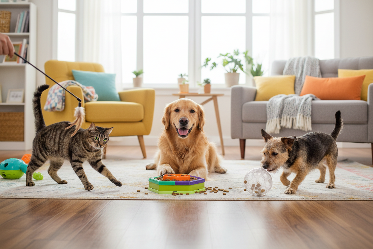 A golden retriever, a tabby cat, and a small terrier dog play with interactive toys and treat puzzles in a bright, modern living room. Pet toys and treats are scattered on the floor, creating a fun and engaging indoor play environment.