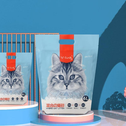 Cat litter packaging with a cat face design on a blue background