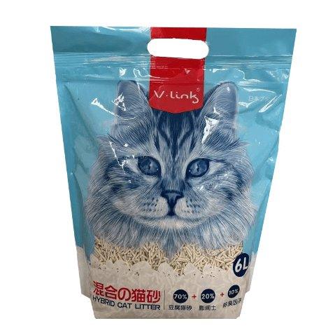 Cat litter package with a blue and white design featuring a cat's face, V-link brand visible.