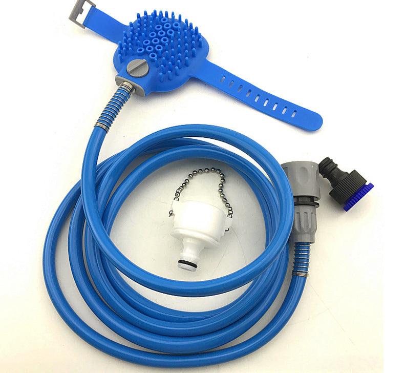 Blue pet shower kit with hose and nozzle on a white background