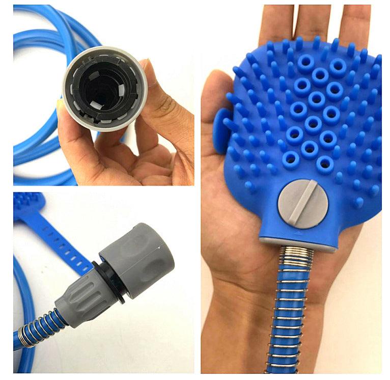 Collage of a blue shower head with textured surface, hose, and connector held in hands.