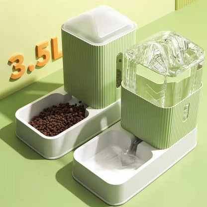 Pet feeding and water station with a green and white design on a light green background.