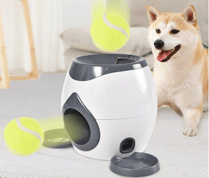 Pet toy dispenser with tennis balls and a dog in the background