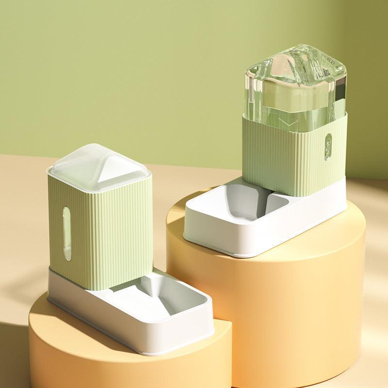 Two green and white geometric-shaped objects on a beige surface with a green background