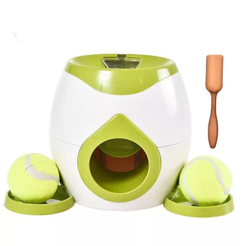 Pet toy with tennis balls and a wooden paddle on a white background