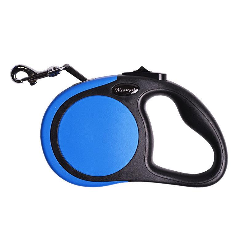 Blue and black retractable dog leash on a white background
