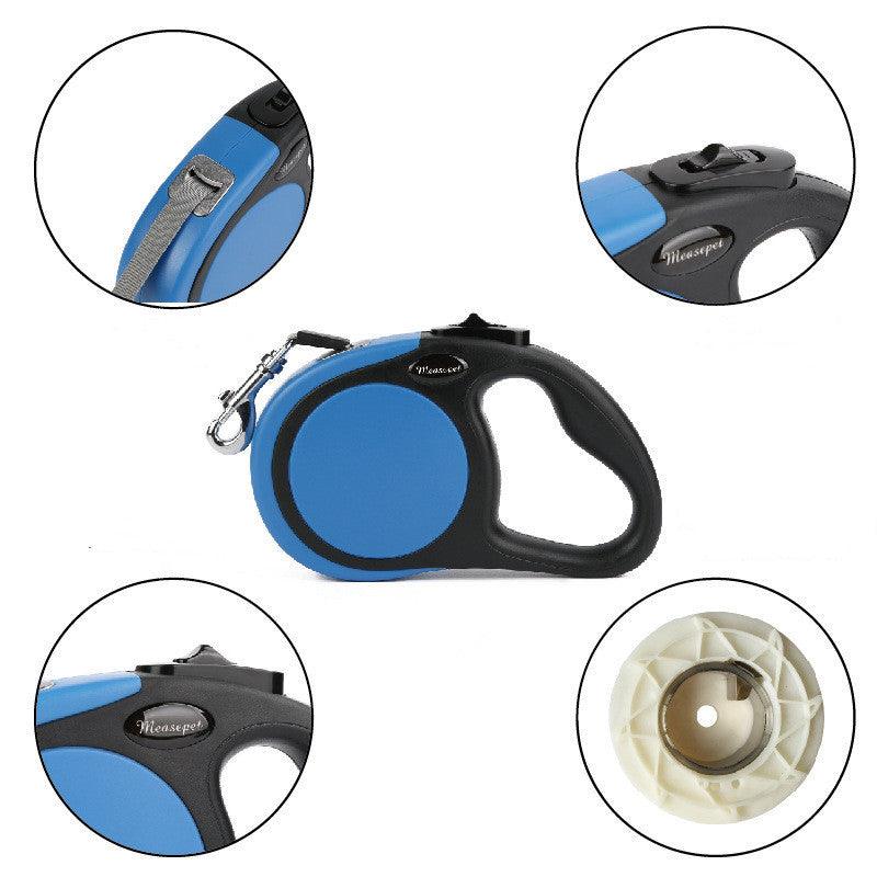 Blue and black retractable dog leash with close-up details on a white background