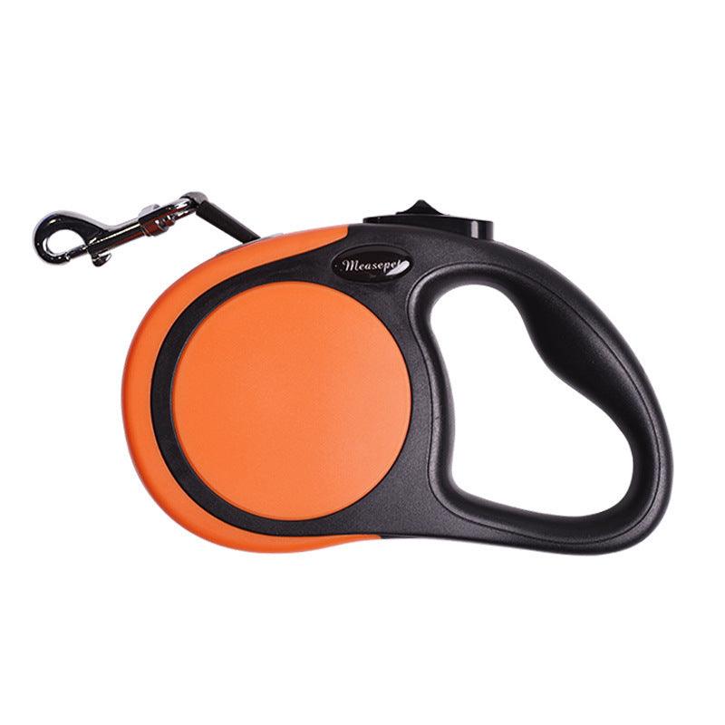Orange and black retractable dog leash on a white background