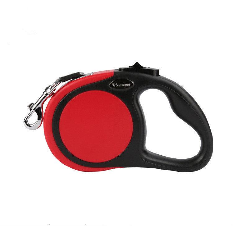 Red and black retractable dog leash on a white background