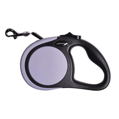 Retractable dog leash with gray reel and black handle on a white background