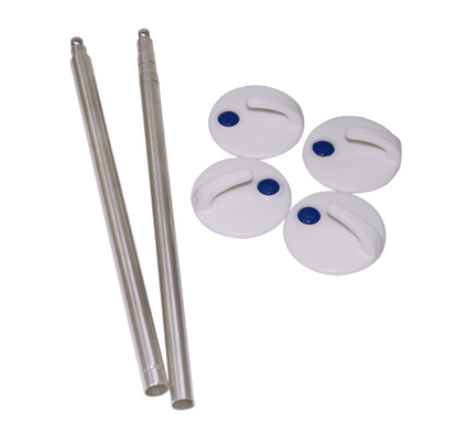 Two metal poles with four white circular filters on a white background