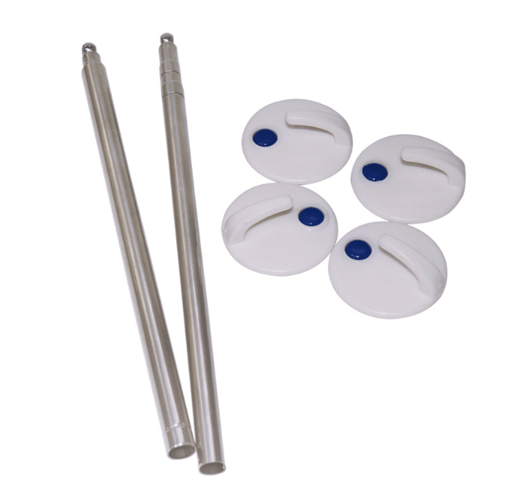 Two metal poles with four white circular filters on a white background