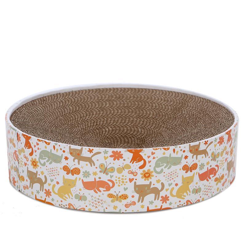 Round cat scratcher with animal pattern on a white background