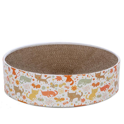 Round cat scratcher with animal pattern on a white background