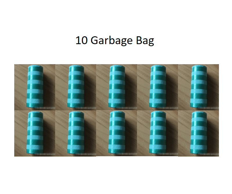 Teal and green striped garbage bags on a wooden surface with text '10 Garbage Bag'.