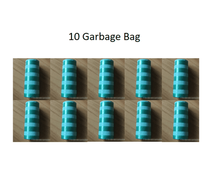 Teal and green striped garbage bags on a wooden surface with text '10 Garbage Bag'.