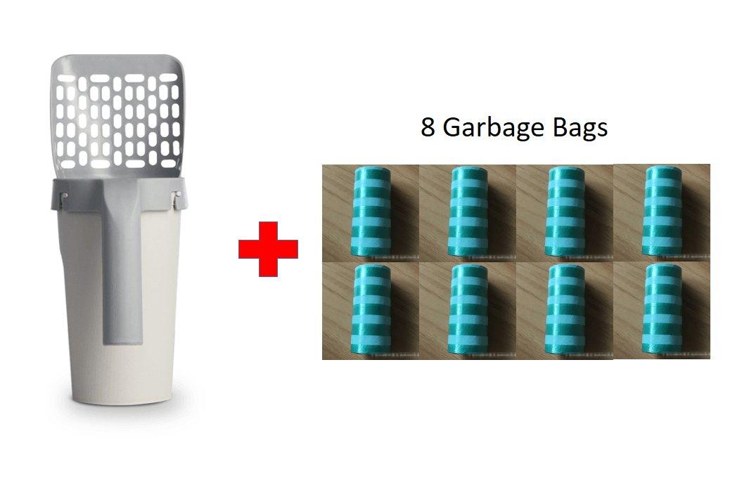 Pet waste management system with a container and garbage bags on a white background