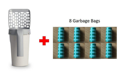 Pet waste management system with a container and garbage bags on a white background