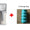 Pet waste bag dispenser with a red plus sign and an inset showing a roll of green and white striped garbage bags on a wooden surface.