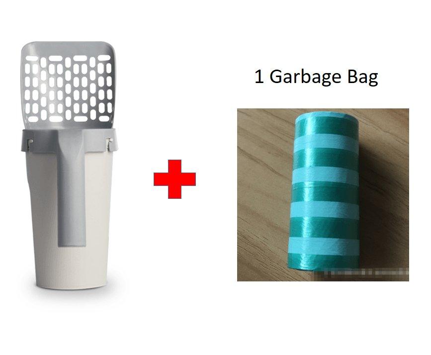 Pet waste bag dispenser with a red plus sign and an inset showing a roll of green and white striped garbage bags on a wooden surface.