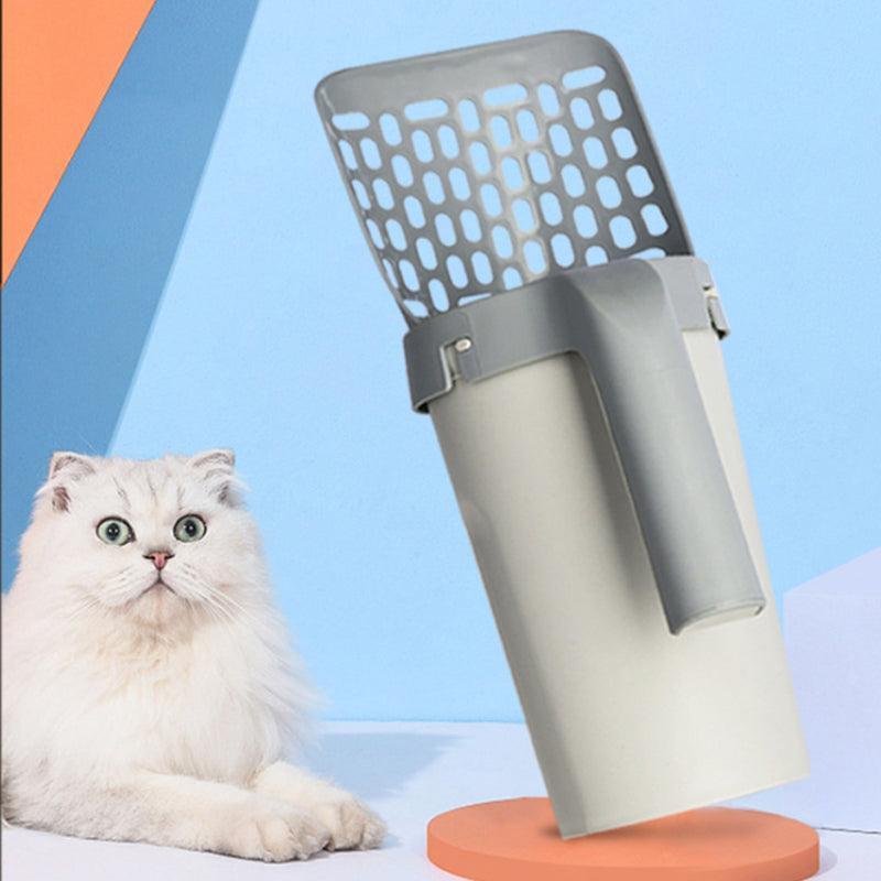 Cat litter box with a white cat sitting next to it on a colorful background