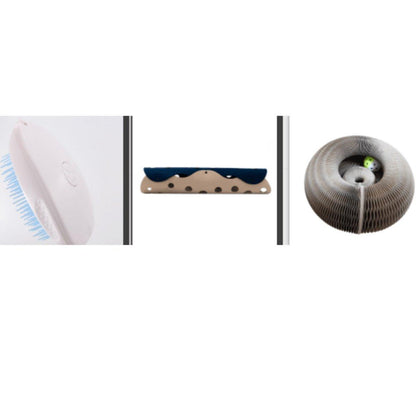 Set of cleaning tools including a broom, brush, and filter on a white background