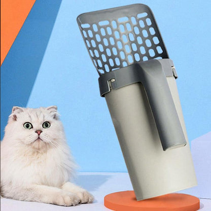 Cat litter scoop with a fluffy white cat on a colorful background