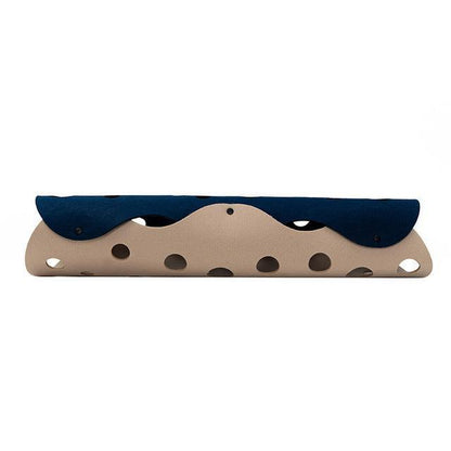Wooden toy with blue top and beige bottom on a white background