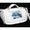 White pet carrier with a transparent window showing a dog inside on a black background