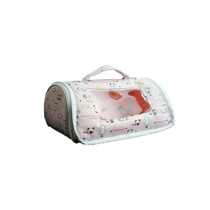 Pink pet carrier with cartoon designs on a white background