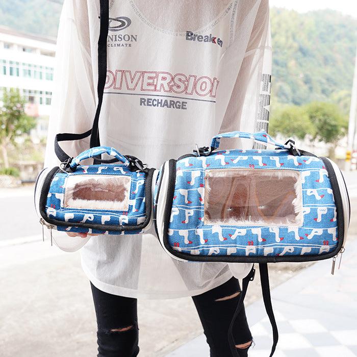 Person holding two blue pet carriers with clear panels outdoors.