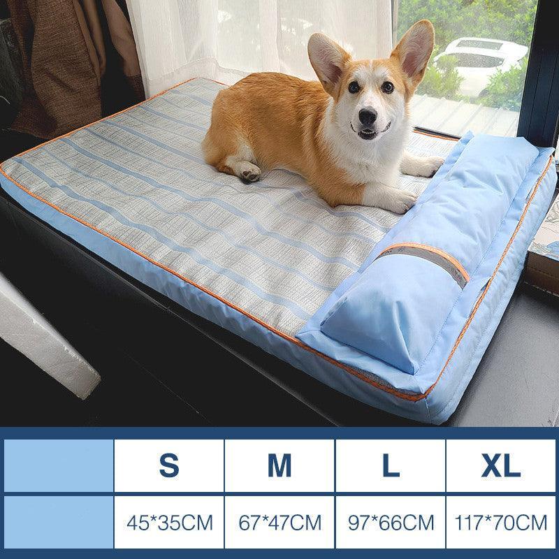 Dog lying on a blue pet seat cover in a car with size chart below.