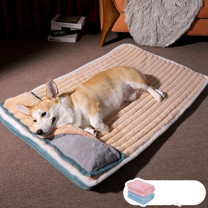 Dog lying on a plush pet bed in a cozy living room.