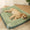 Dog lying on a green pet bed in a room with wooden flooring and a plant.
