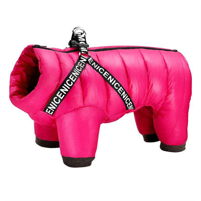 Pink dog coat with black trim and 'ENICENICENICENICENICENIC' branding on a white background
