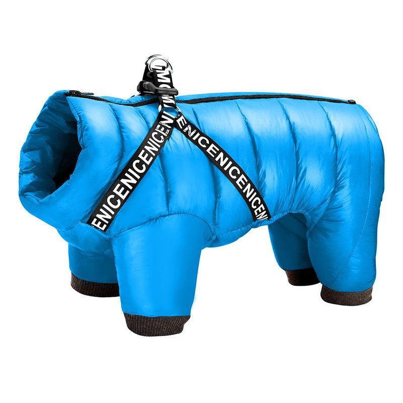 Blue puffer dog coat with 'ENICENICENICENICENICENICENIC' strap on a white background
