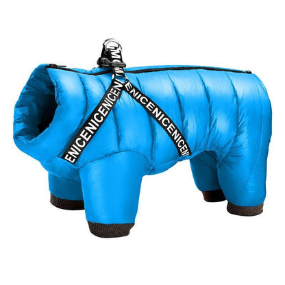 Blue puffer dog coat with 'ENICENICENICENICENICENICENIC' strap on a white background