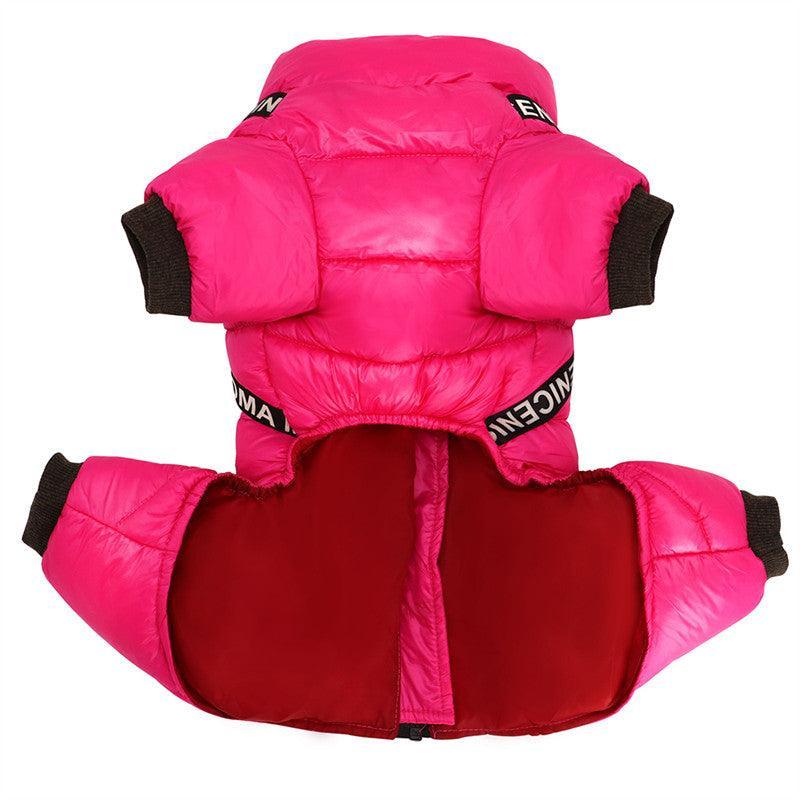 Pink and red puffer dog coat with black accents on a white background