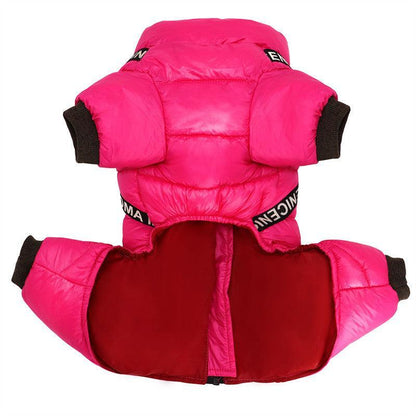 Pink and red puffer dog coat with black accents on a white background