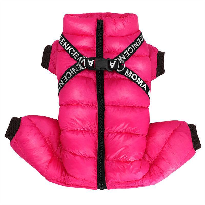 Pink dog puffer coat with black harness on a white background