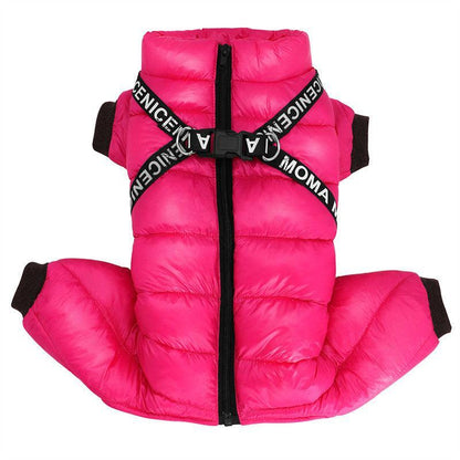 Pink dog puffer coat with black harness on a white background