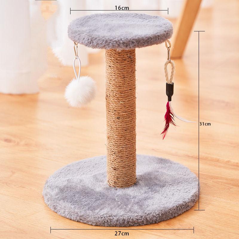 Cat tree with gray platform and brown cylindrical post on a wooden floor, featuring measurements.