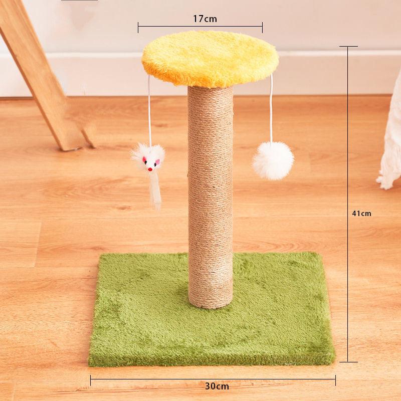 Cat tree with green base, yellow top, and measurements on a wooden floor.