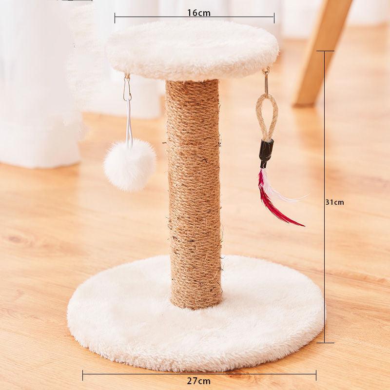 Cat tree with sisal-covered post, white cushion, and hanging toys on a wooden surface.