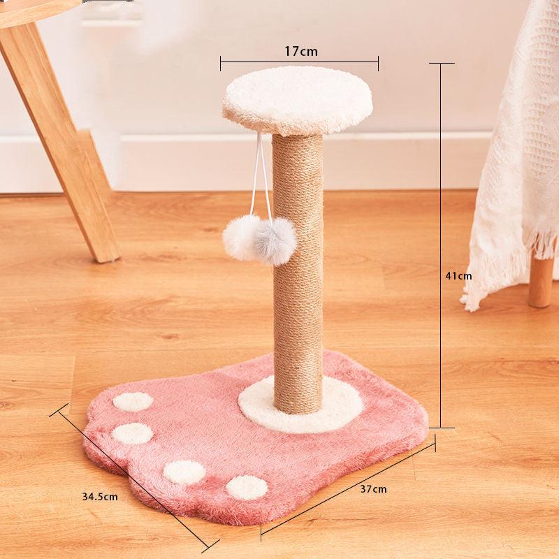 Cat tree with dimensions on a wooden floor