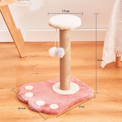 Cat tree with dimensions on a wooden floor