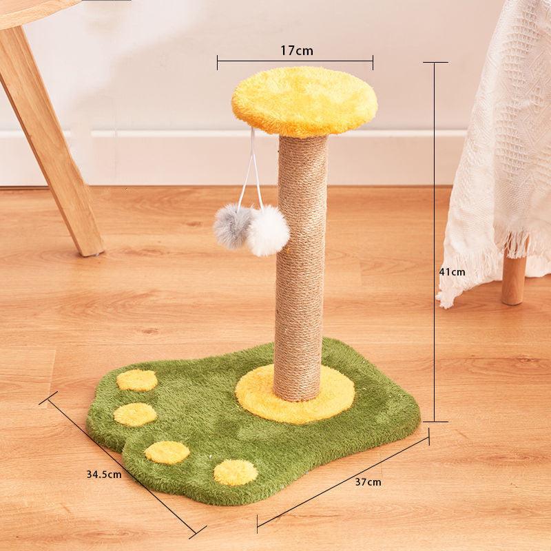 Cat tree with dimensions on a wooden floor