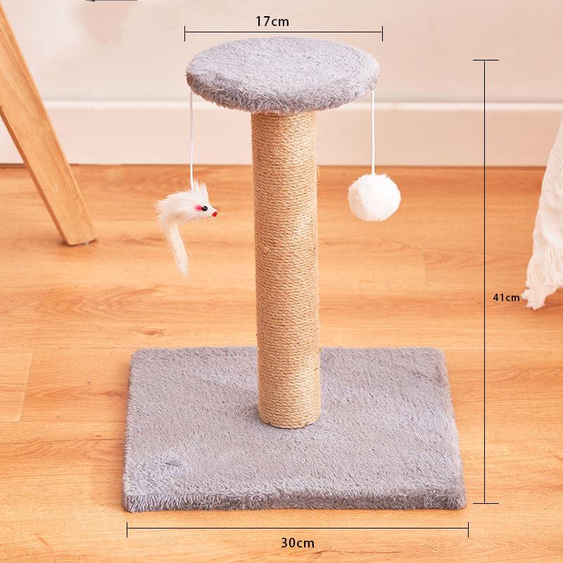 Cat tree with dimensions on a wooden floor