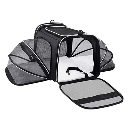 Pet carrier with open lid on a white background